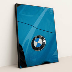 This photo shows a close-up of a BMW badge on the hood of a blue car with raindrops, in a black frame.