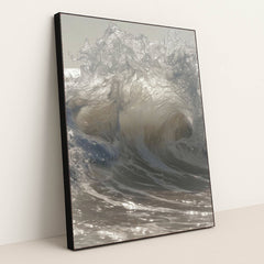 This artwork shows crashing ocean waves with swirling light and texture, in a black frame.