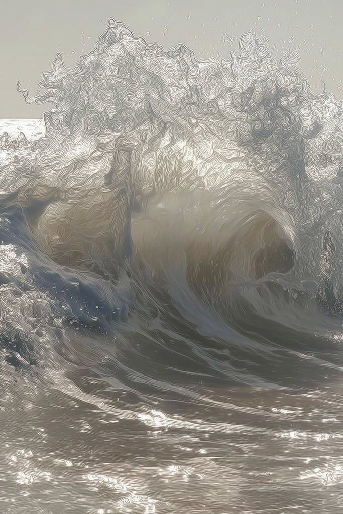 This artwork shows crashing ocean waves with swirling light and texture.