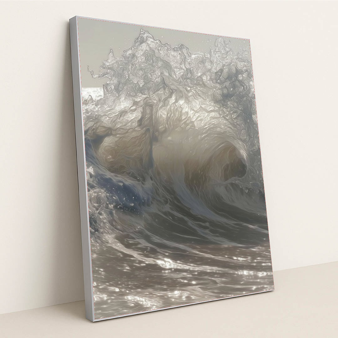 This artwork shows crashing ocean waves with swirling light and texture, in a silver frame.