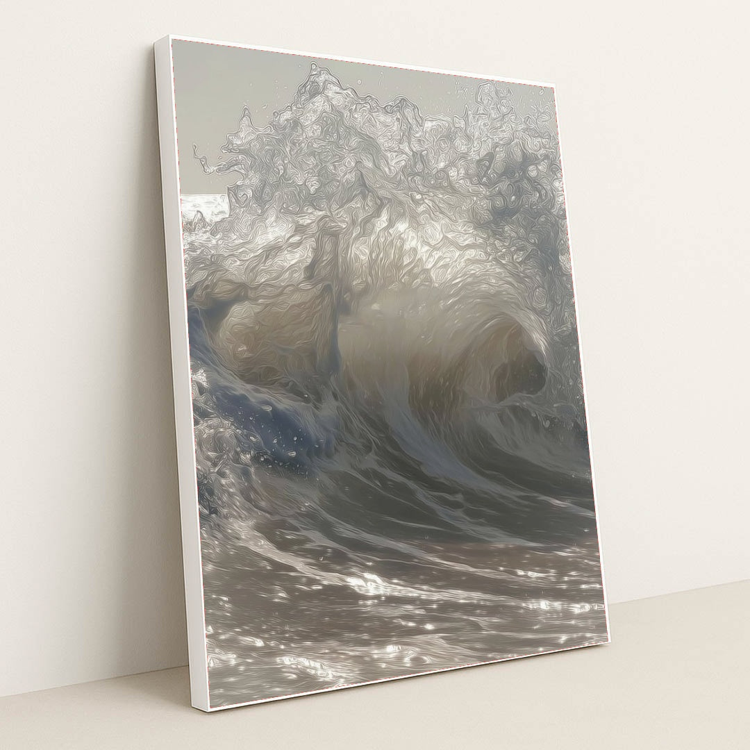 This artwork shows crashing ocean waves with swirling light and texture, in a white frame.
