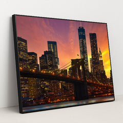 Evening Serenity: Brooklyn Bridge and Manhattan Skyline by Anonymous - Black Frame Stretchiez