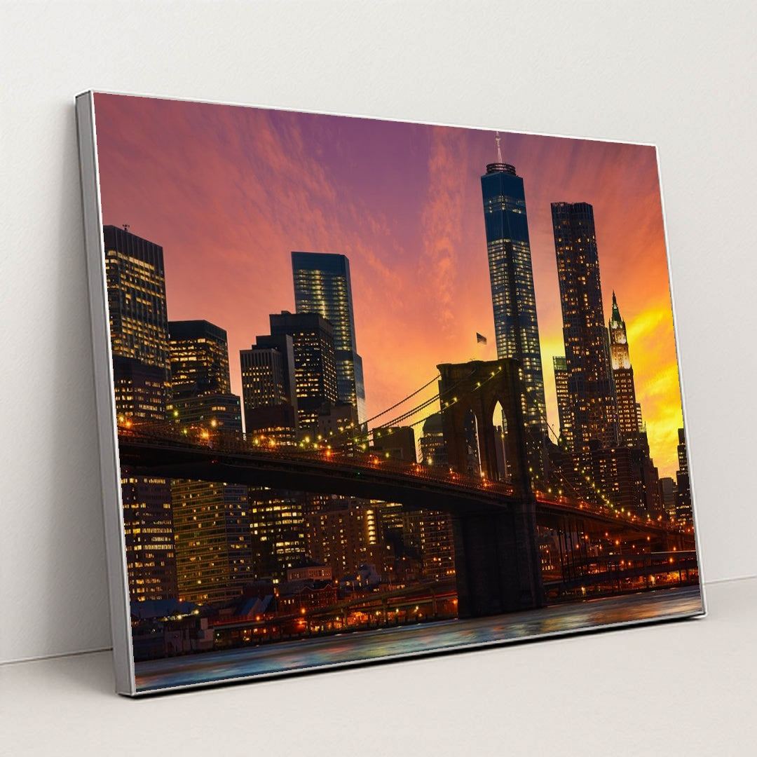 Evening Serenity: Brooklyn Bridge and Manhattan Skyline by Anonymous - Silver Frame Stretchiez