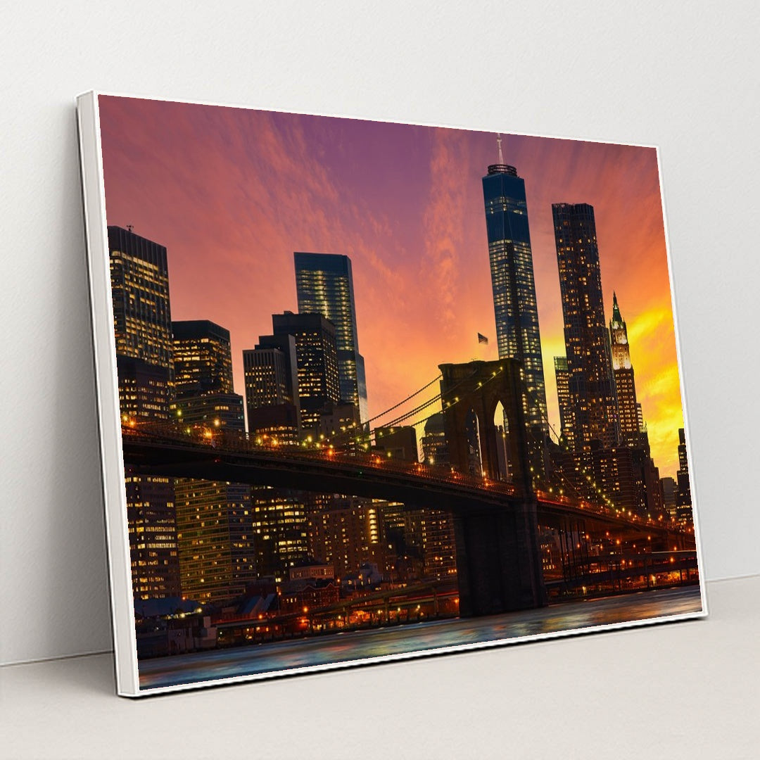 Evening Serenity: Brooklyn Bridge and Manhattan Skyline by Anonymous - White Frame Stretchiez