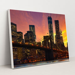 Evening Serenity: Brooklyn Bridge and Manhattan Skyline by Anonymous - White Frame Stretchiez