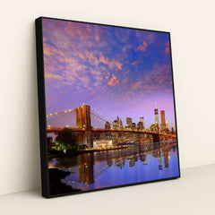 Stunning Sunset Over Brooklyn Bridge and Manhattan Skyline by Anonymous - Black Frame Stretchiez