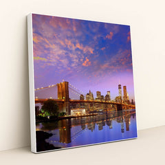 Stunning Sunset Over Brooklyn Bridge and Manhattan Skyline by Anonymous - White Frame Stretchiez