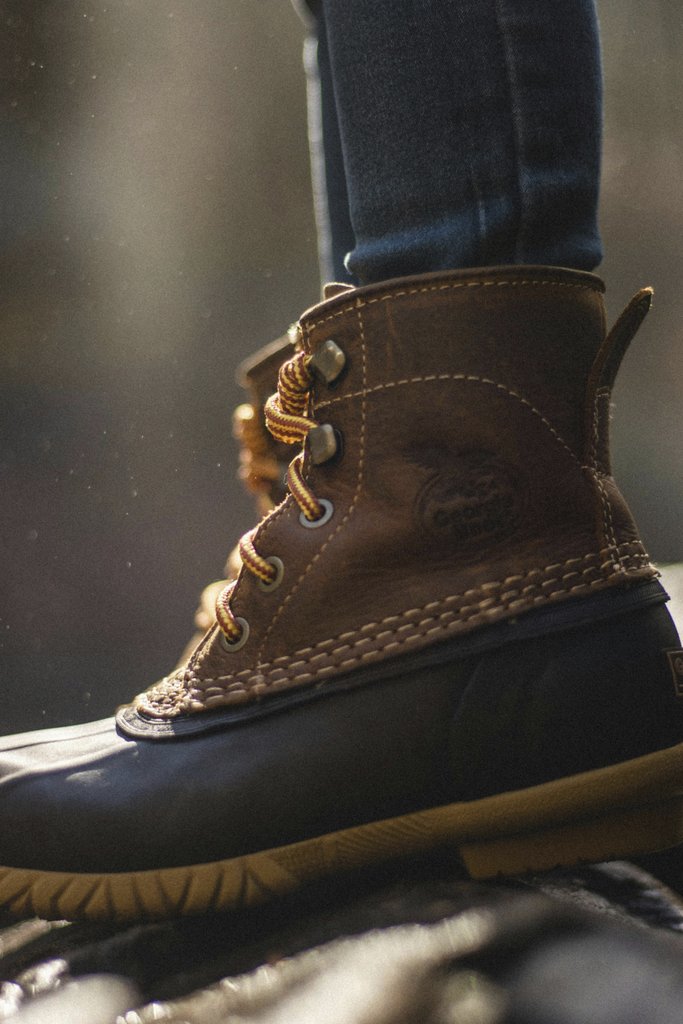 Daniel & Hannah Snipes - Close-up of a durable leather boot in natural outdoor setting, showcasing rugged style.