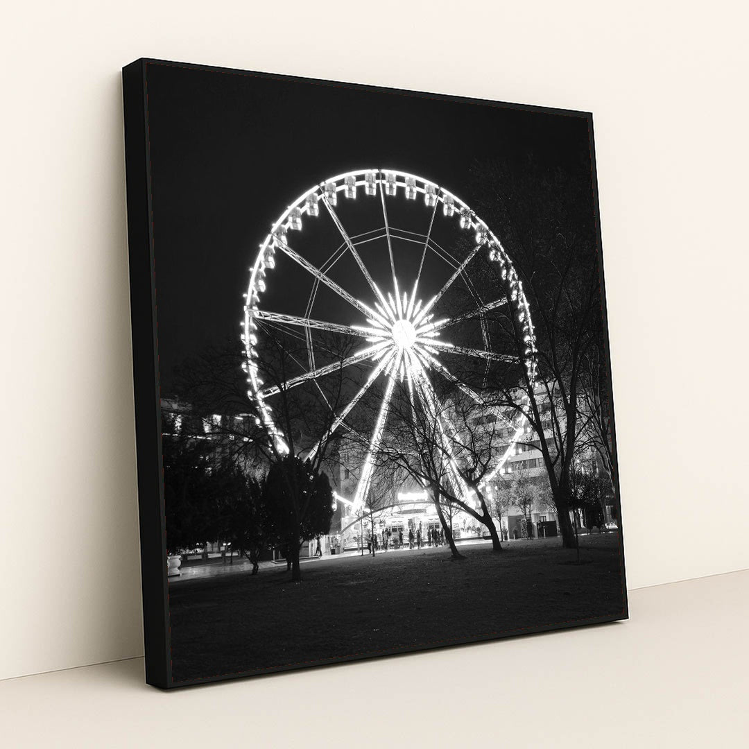 Glowing Ferris Wheel at Night by Ivan Dražić - Black Frame Stretchiez