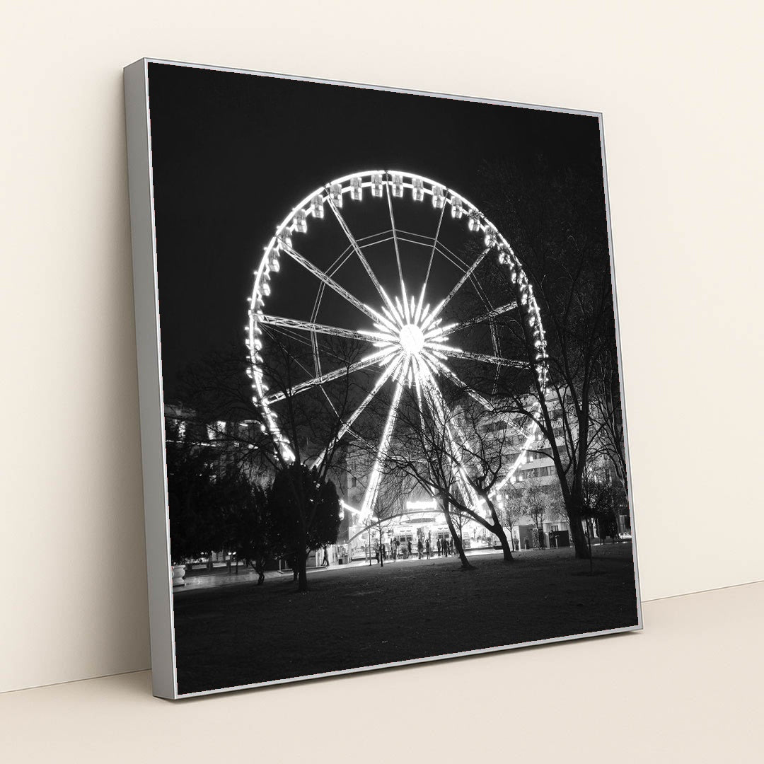 Glowing Ferris Wheel at Night by Ivan Dražić - Silver Frame Stretchiez