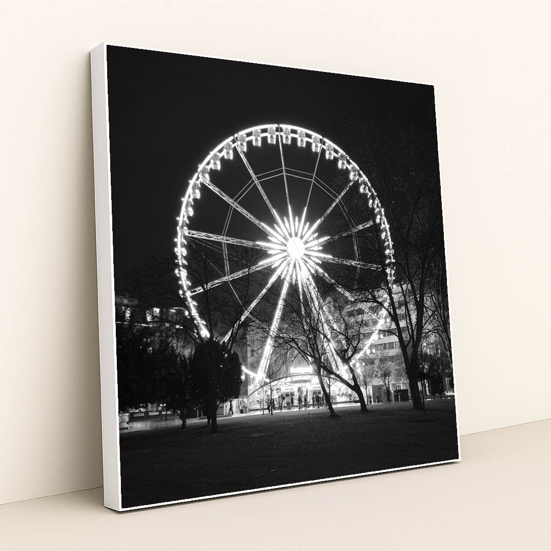 Glowing Ferris Wheel at Night by Ivan Dražić - White Frame Stretchiez