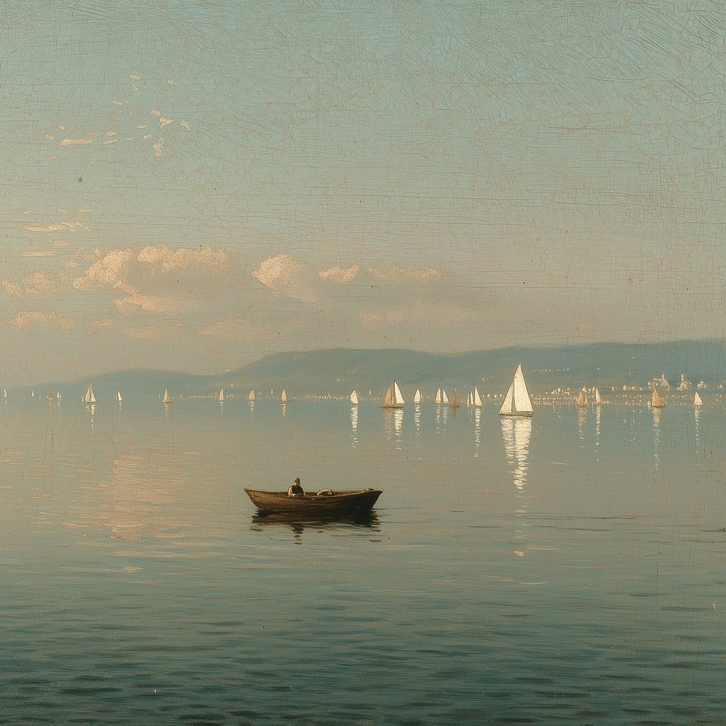 Peaceful lake scene with a rowboat and distant sailboats, soft sky, and mountains.