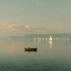 Peaceful lake scene with a rowboat and distant sailboats, soft sky, and mountains.