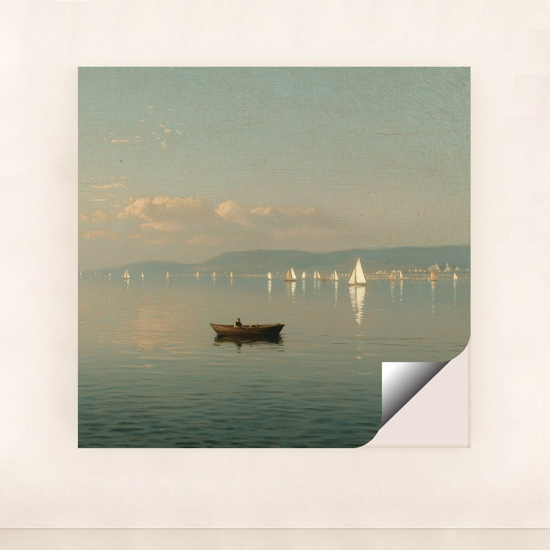 Peaceful lake scene with a rowboat and distant sailboats, soft sky, and mountains, unframed.
