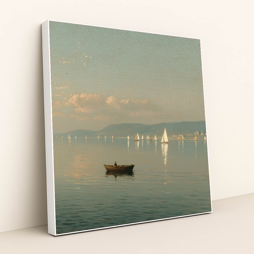 Peaceful lake scene with a rowboat and distant sailboats, soft sky, and mountains, in a white frame.