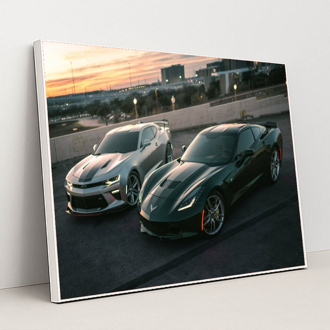 Camaro SS and Corvette Stingray Rooftop by Justin Wolff - White Frame Stretchiez