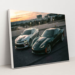 Camaro SS and Corvette Stingray Rooftop by Justin Wolff - White Frame Stretchiez