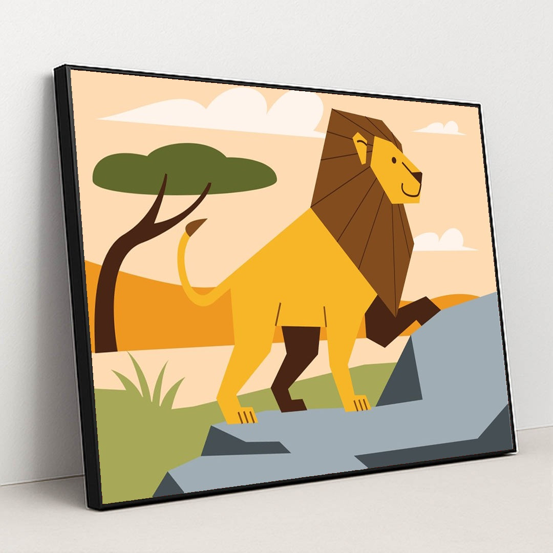 Lion Walking in a Cartoon Field by Andania Humaira - Black Frame Stretchiez
