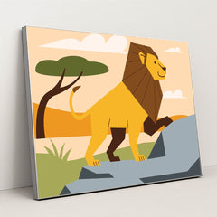 Lion Walking in a Cartoon Field by Andania Humaira - Silver Frame Stretchiez