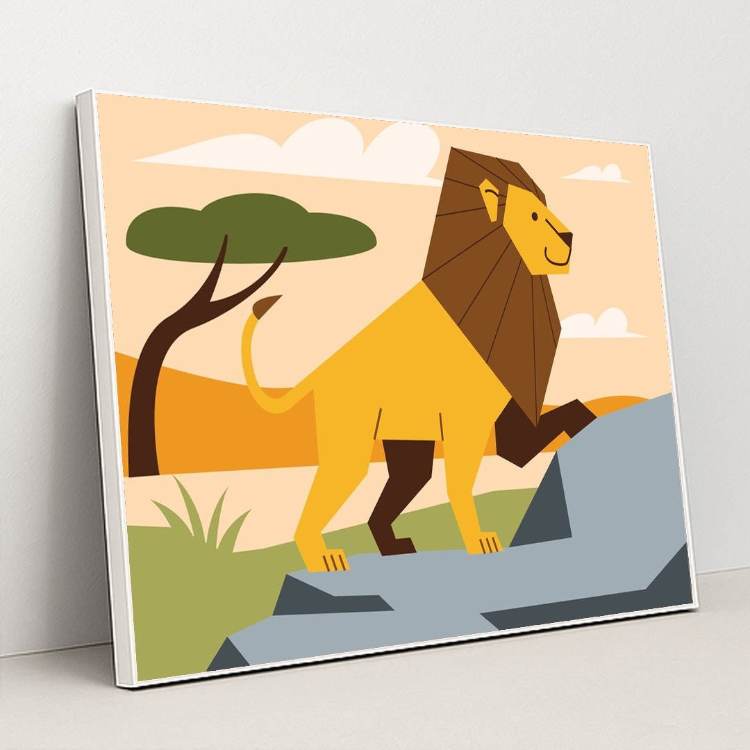 Lion Walking in a Cartoon Field by Andania Humaira - White Frame Stretchiez