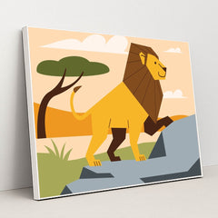 Lion Walking in a Cartoon Field by Andania Humaira - White Frame Stretchiez