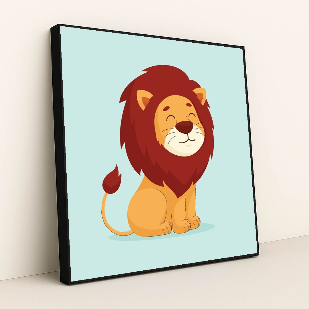 Cartoon Lion on Blue Background by Wahyu Setyanto - Black Frame Stretchiez