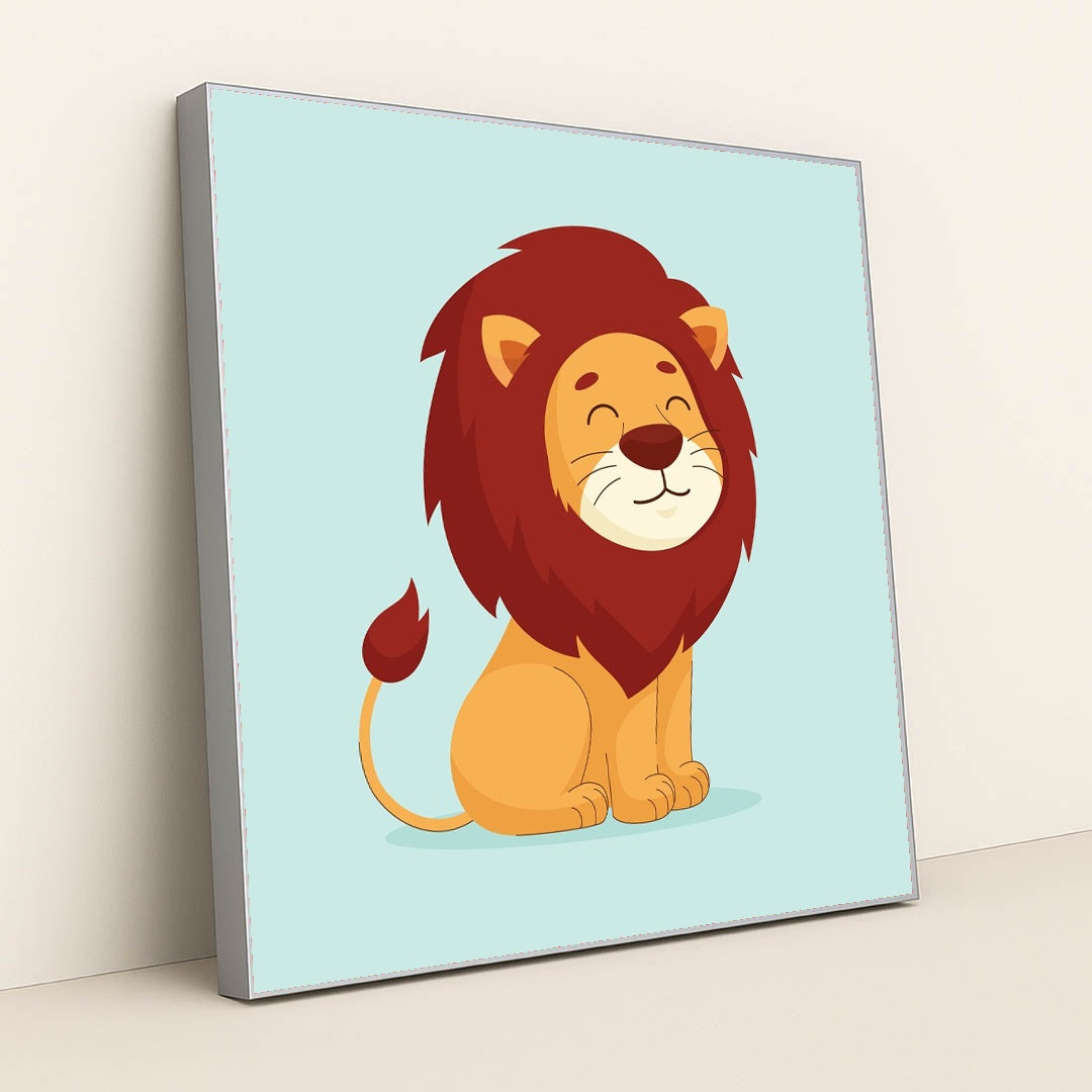 Cartoon Lion on Blue Background by Wahyu Setyanto - Silver Frame Stretchiez
