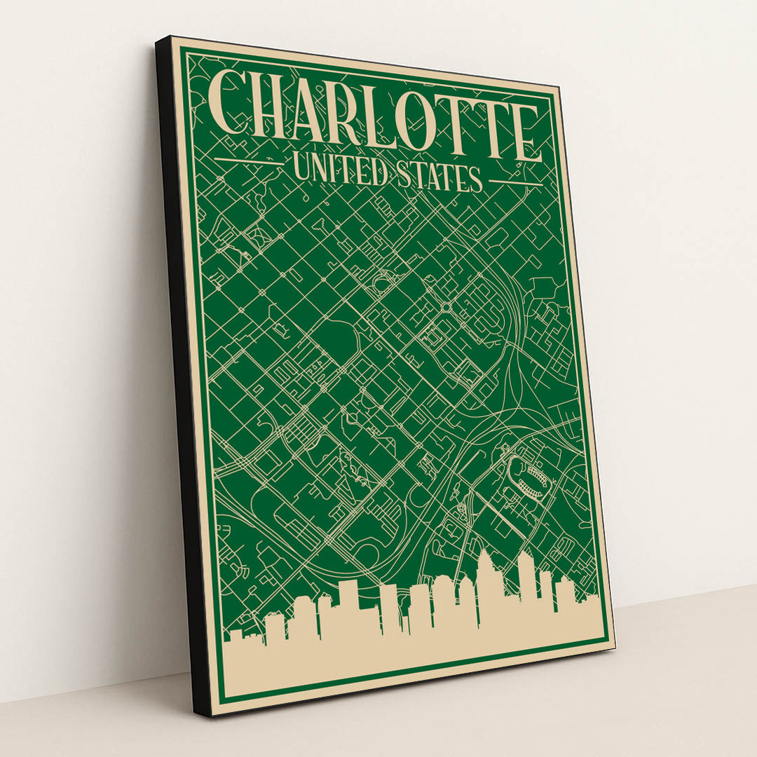 Charlotte Cityscape: An Engineering Blueprint of Urban Architecture by Anonymous - Black Frame Stretchiez