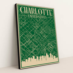 Charlotte Cityscape: An Engineering Blueprint of Urban Architecture by Anonymous - Black Frame Stretchiez