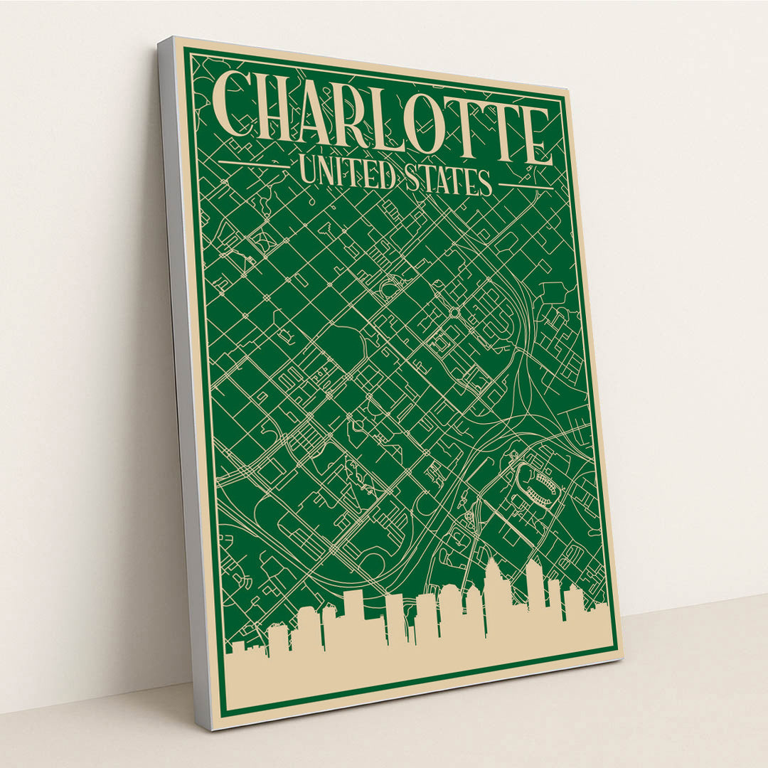 Charlotte Cityscape: An Engineering Blueprint of Urban Architecture by Anonymous - Silver Frame Stretchiez