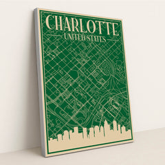 Charlotte Cityscape: An Engineering Blueprint of Urban Architecture by Anonymous - Silver Frame Stretchiez