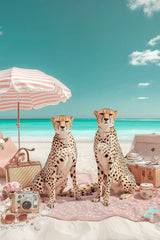 This artwork shows two cheetahs sitting on a pink picnic blanket under a striped umbrella at a bright beach.