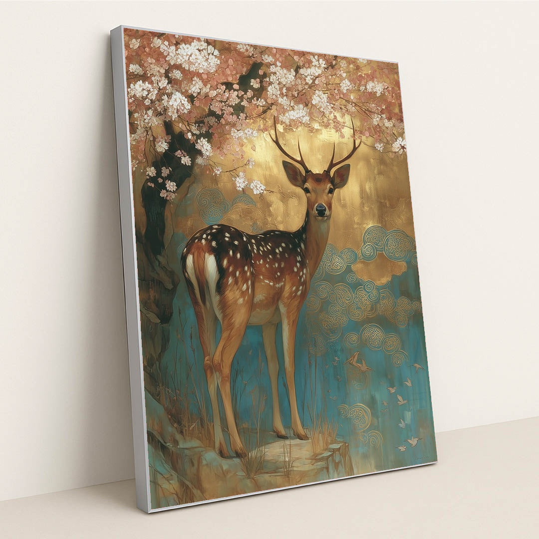 Cherry Blossom Stag by Anna Stone - Silver Frame Stretchiez