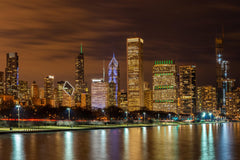 Stock Photos - Panorama of Chicago downtown Cityscape skylines and skyscrapers office building with Lake Michigan sunset in Chicago city Illinois USA.