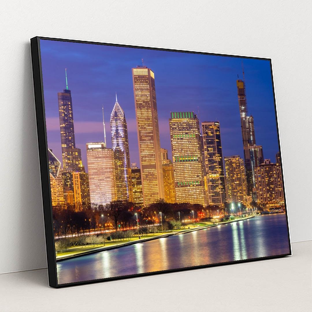 Sunset Serenity: Chicago's Urban Skyline Reflection by Anonymous - Black Frame Stretchiez
