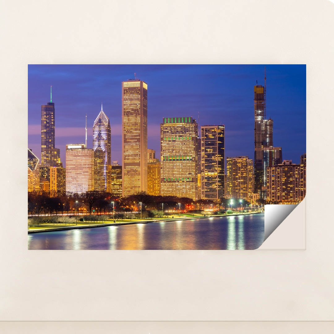 Sunset Serenity: Chicago's Urban Skyline Reflection by Anonymous - Peeliez