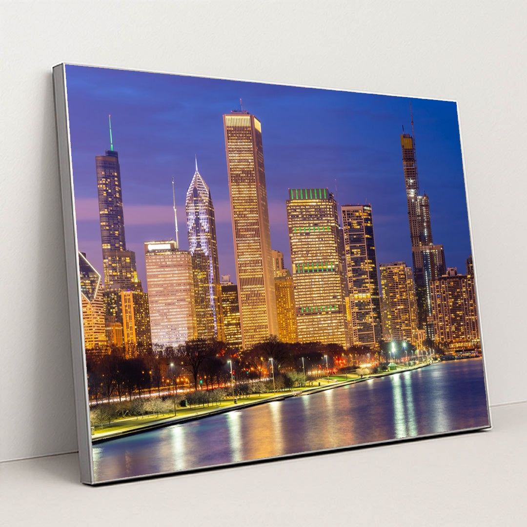 Sunset Serenity: Chicago's Urban Skyline Reflection by Anonymous - Silver Frame Stretchiez
