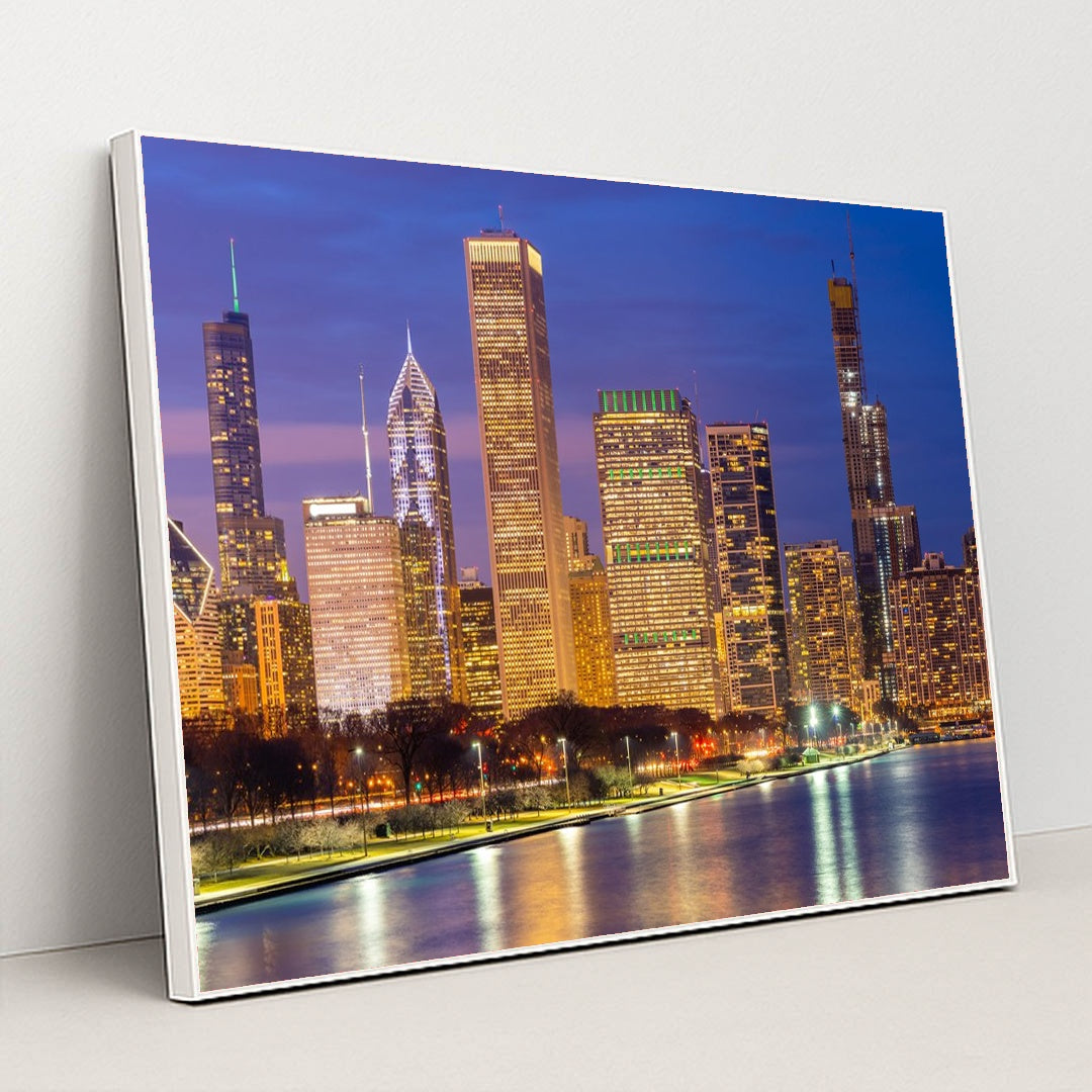 Sunset Serenity: Chicago's Urban Skyline Reflection by Anonymous - White Frame Stretchiez