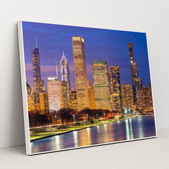 Sunset Serenity: Chicago's Urban Skyline Reflection by Anonymous - White Frame Stretchiez