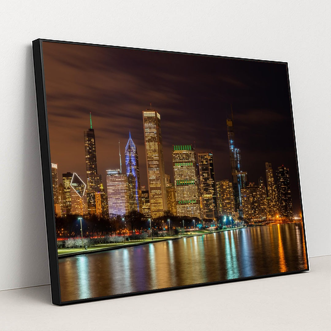 Sunset Reflections: Chicago's Urban Skyline Over Lake Michigan by Anonymous - Black Frame Stretchiez