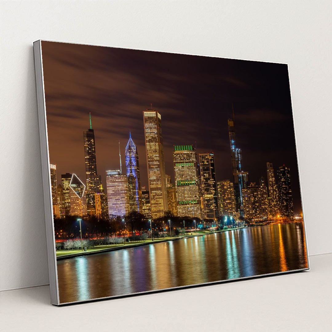Sunset Reflections: Chicago's Urban Skyline Over Lake Michigan by Anonymous - Silver Frame Stretchiez