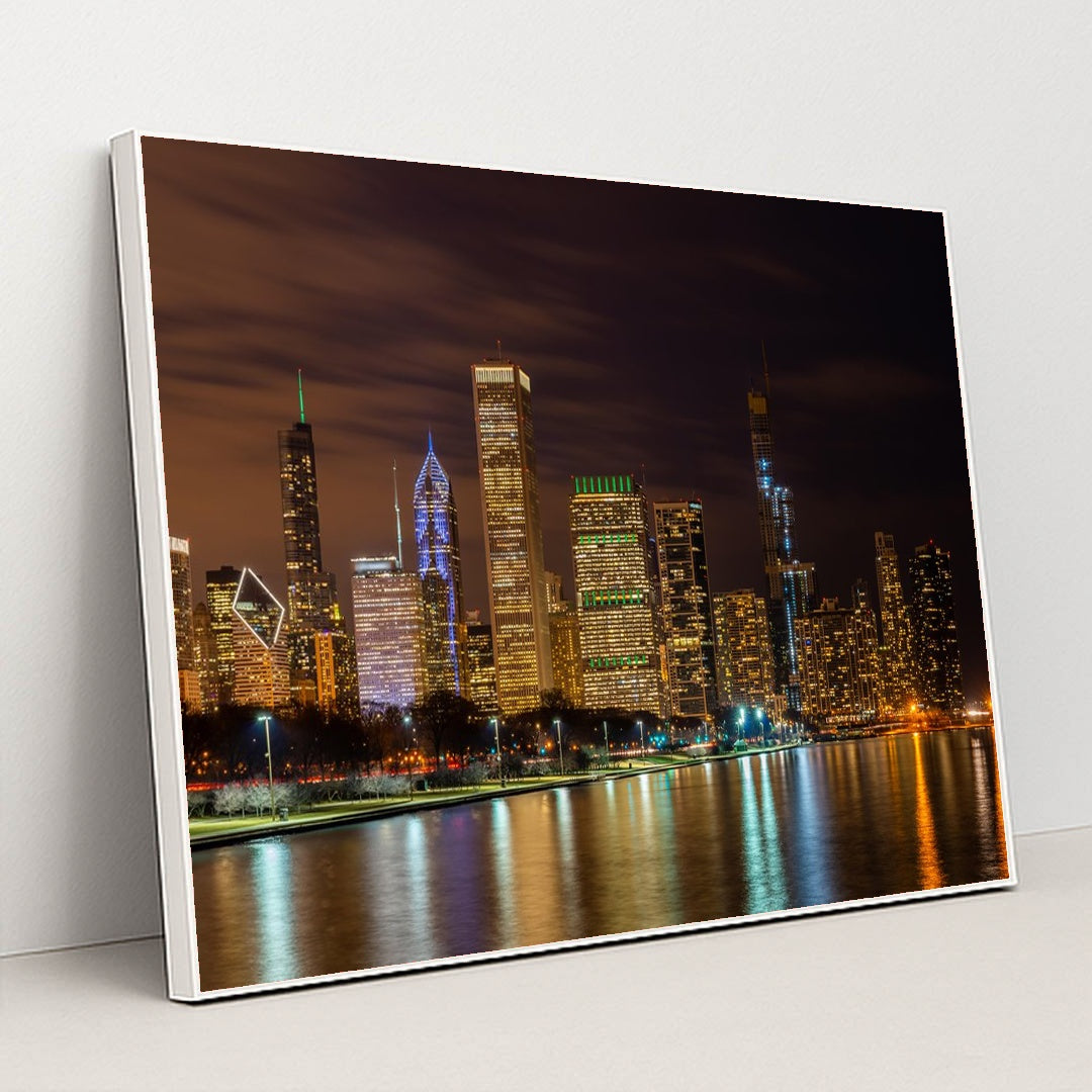 Sunset Reflections: Chicago's Urban Skyline Over Lake Michigan by Anonymous - White Frame Stretchiez