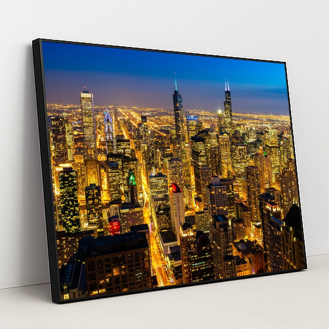 Panoramic Night View of Chicago's Urban Skyline by Anonymous - Black Frame Stretchiez