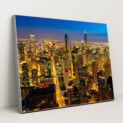 Panoramic Night View of Chicago's Urban Skyline by Anonymous - Silver Frame Stretchiez