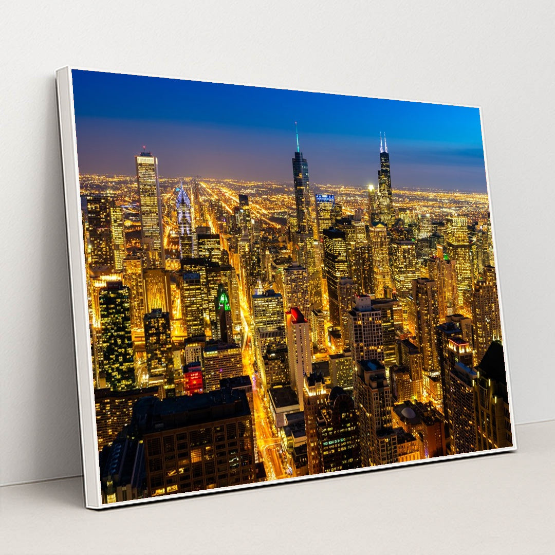 Panoramic Night View of Chicago's Urban Skyline by Anonymous - White Frame Stretchiez