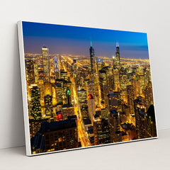 Panoramic Night View of Chicago's Urban Skyline by Anonymous - White Frame Stretchiez