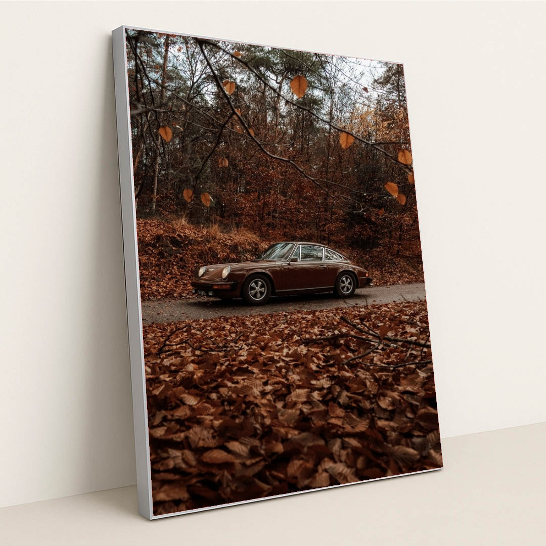 This photo shows a brown classic Porsche 911 coupe parked on a road surrounded by autumn leaves in a forest, in a silver frame.