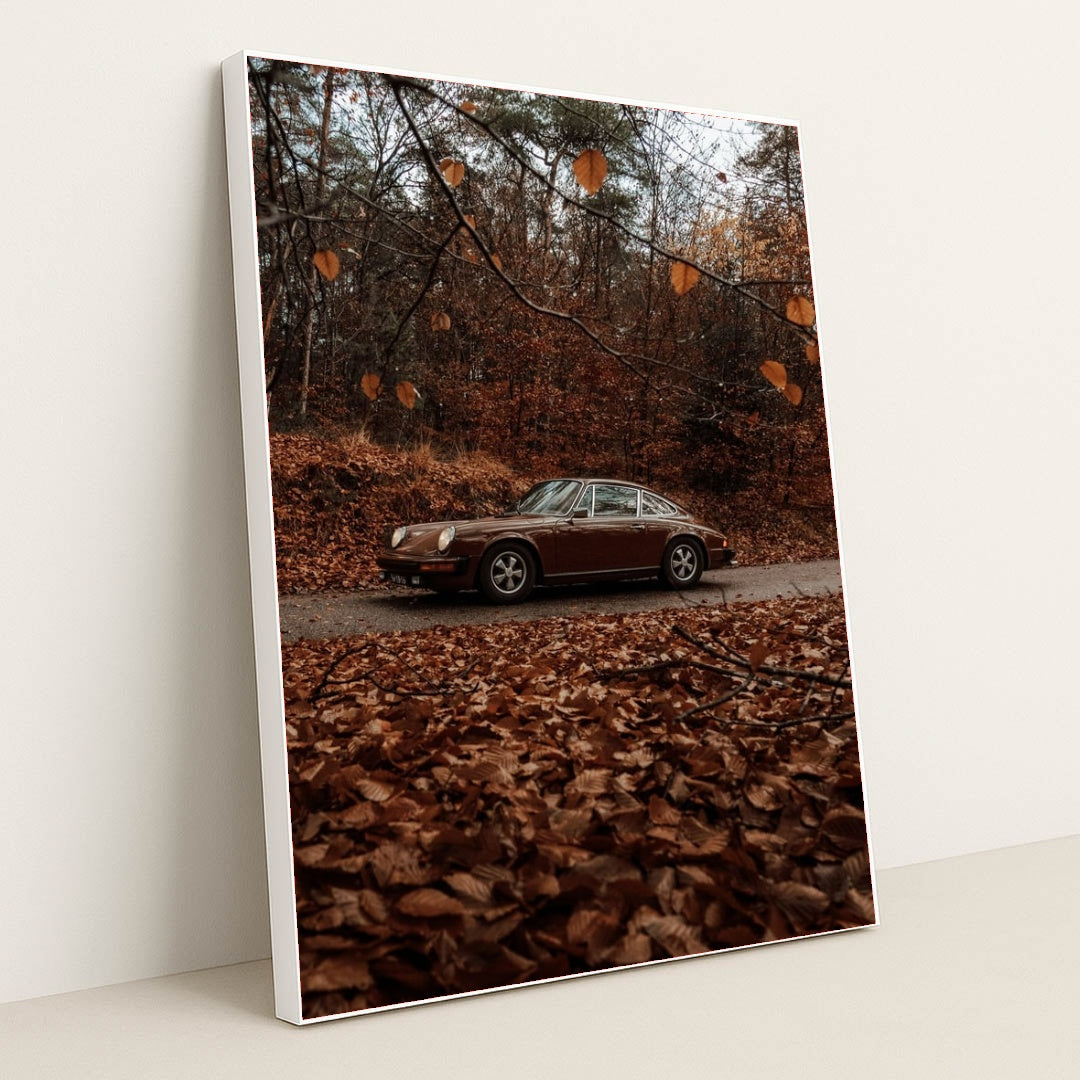 This photo shows a brown classic Porsche 911 coupe parked on a road surrounded by autumn leaves in a forest, in a white frame.