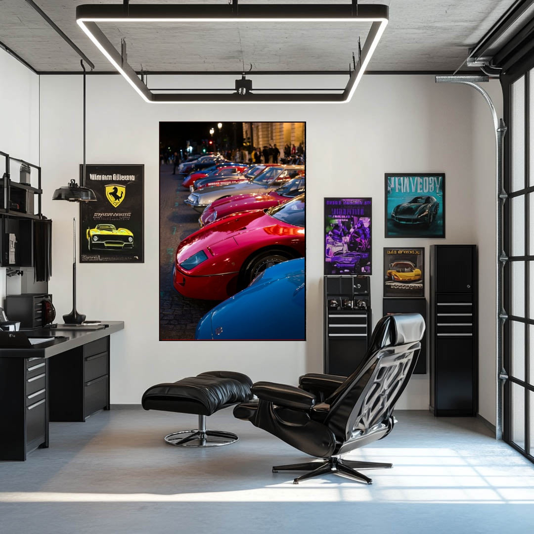 Ferrari F40 and Classic Sports Cars car wall art featuring a lineup of colorful classic sports cars in a modern garage.