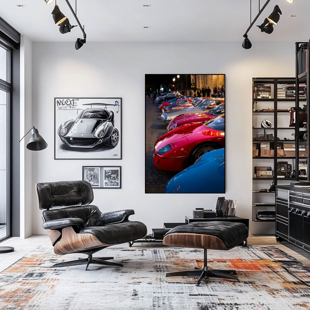 Ferrari F40 and Classic Sports Cars art displayed in a modern interior with colorful car photographs.